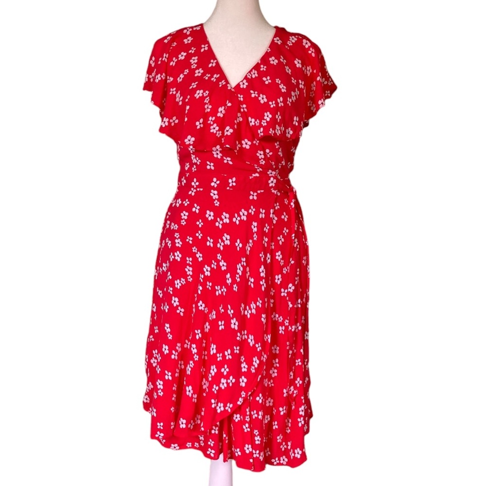 Draper James RSVP Red & White Floral Wrap Dress with Flutter Sleeves (Size S)